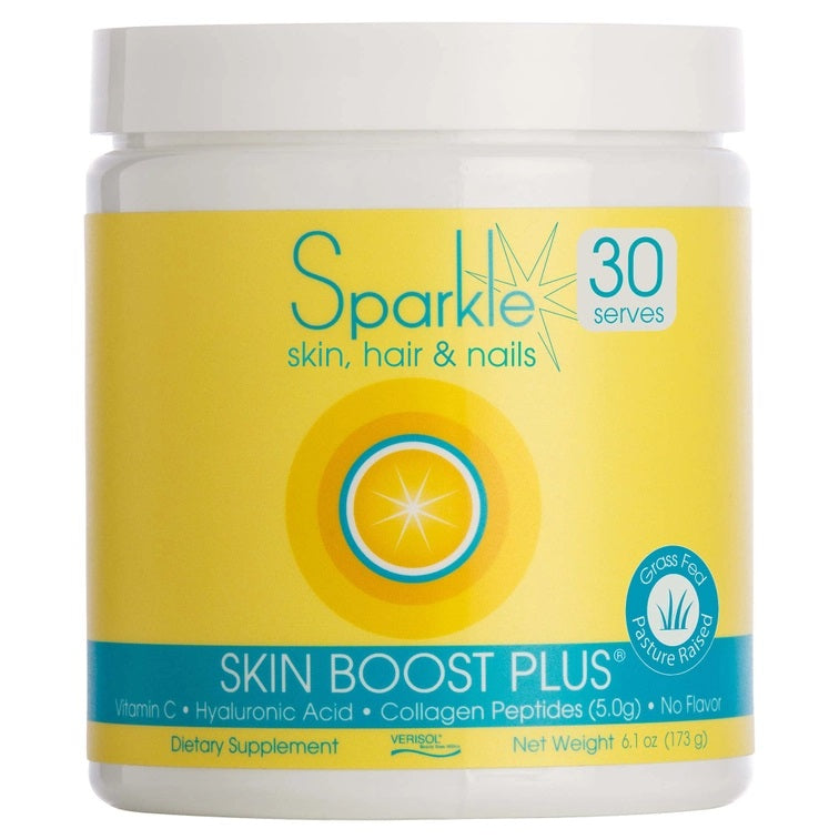 ​A white plastic jar with a yellow label with teal blue lettering that says Sparkle skin, hair & nails. 30 servings. SKIN BOOST PLUS with Vitamin C, Hyaluronic Acid, Collagen Peptides (5.0g), no flavor. Dietary supplement. Net weight 6.1 oz (173g)