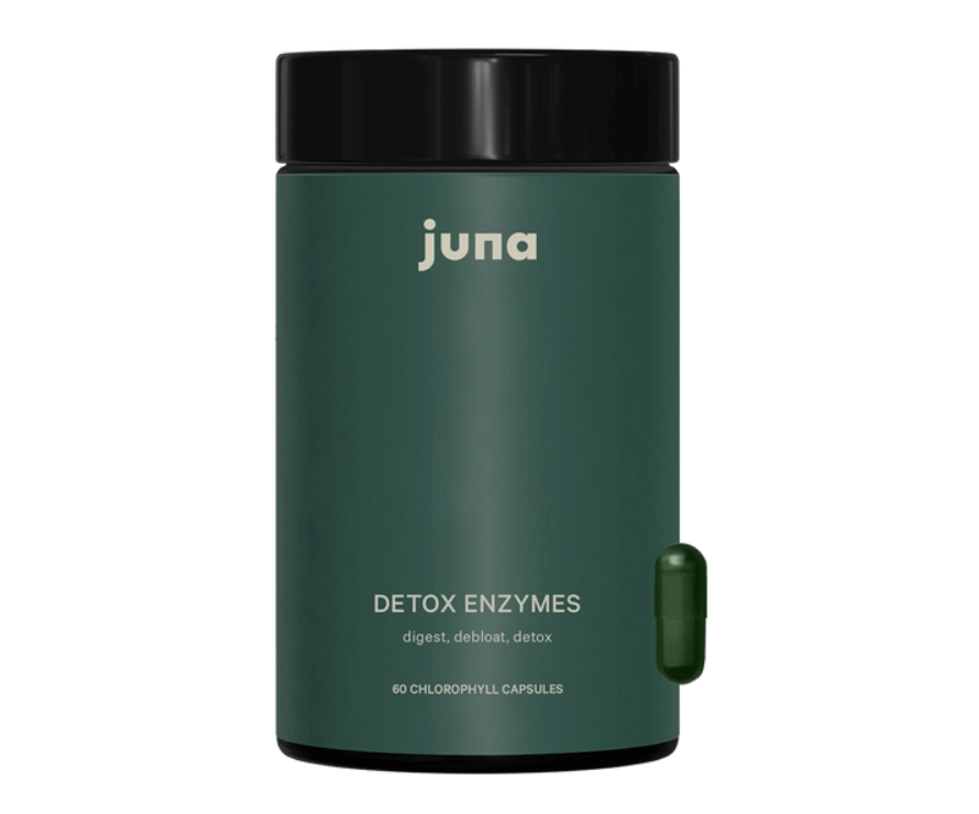 A green cylindrical container with a black cap. The brand name "juna" is near the top of the container and towards the bottom it says DETOX ENZYMES, digest, debloat, detox . 60 CHLOROPHYLL CAPSULES