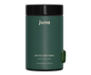 A green cylindrical container with a black cap. The brand name 