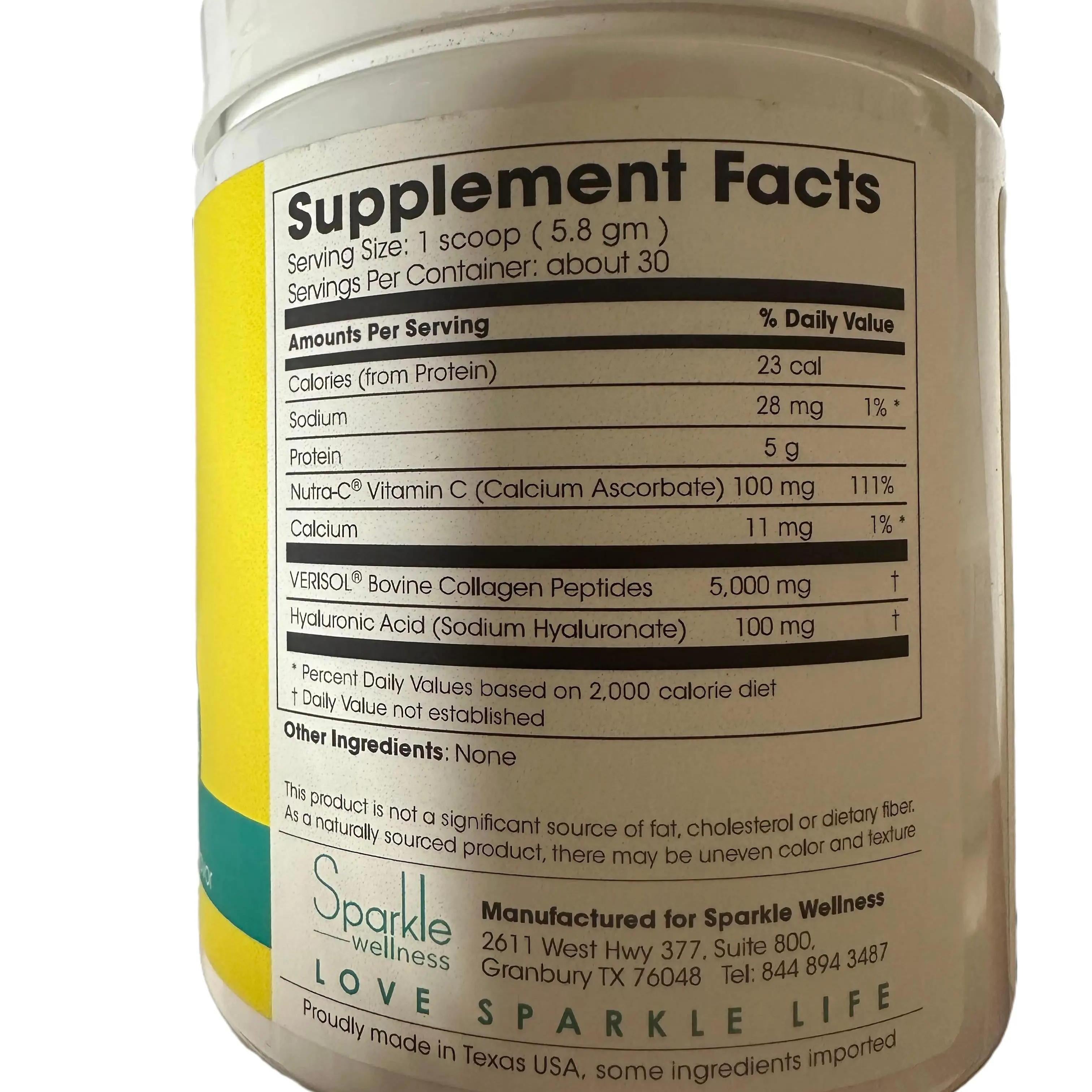 Supplement facts showing a serving size is 1 scoop (5.8gm), 30 servings/container. Calories (from protein) 23, sodium 28mg, 1% DV, Protein 5g, Nutra-C Vitamin C (calcium ascorbate) 100mg, 111% DV, Calcium 11mg. Other ingredients: none. This product is not a significant source of fat, cholesterol, or dietary fiber. As a naturally sourced product, there may be uneven color and texture. 