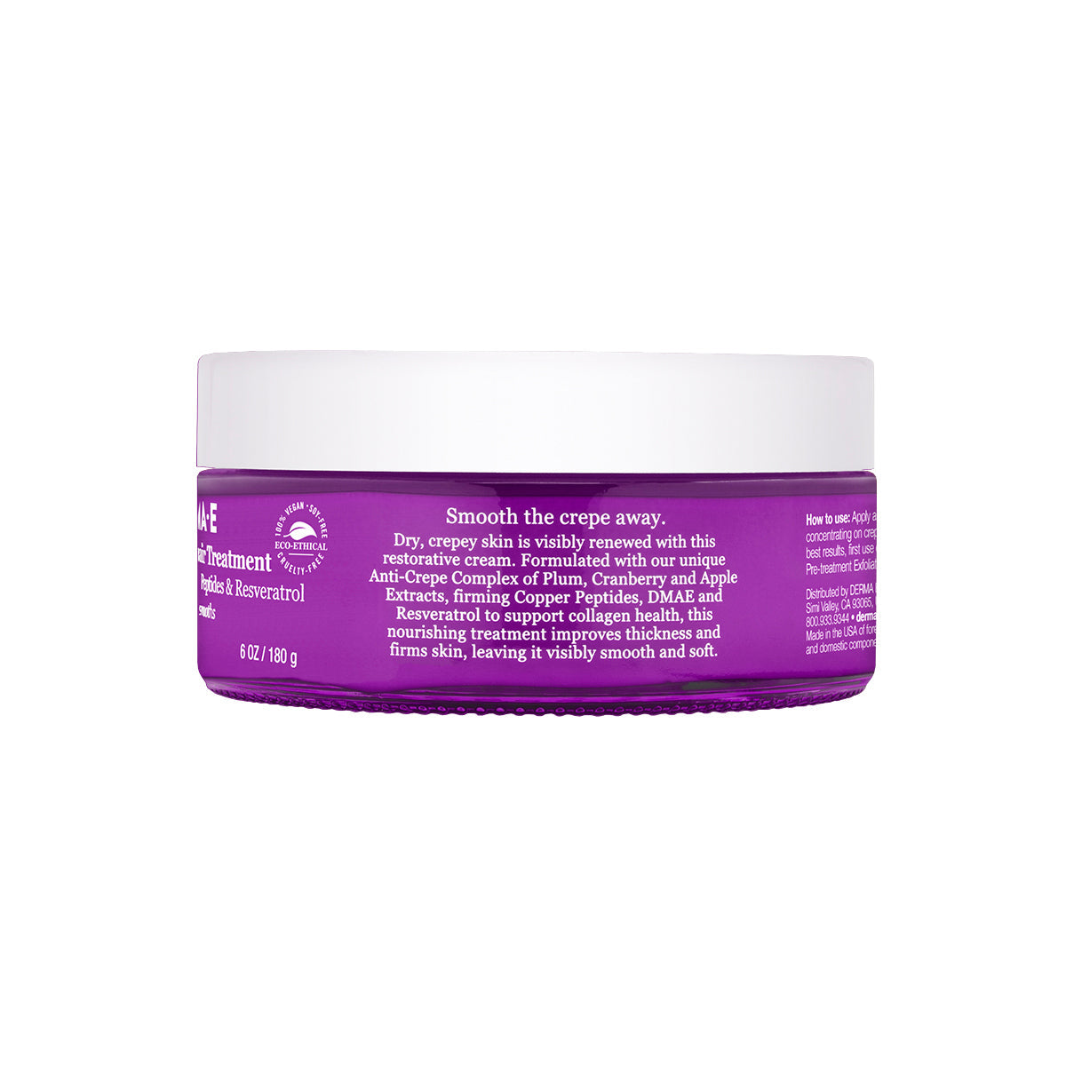 The side label of a purple glass jar of Derma E A purple glass jar of Derma E Crepey Skin Repair Treatment saying Smooth the Crepe Away. Dry crepey skin is visibly renewed with this restorative cream. Formulated with our unique anti crepe complex of plum, cranberry and apple extracts, firming copper peptides, DMAE and Reservatrol to support collagen health, this nourishing treatment improves thickness and firms skin, leaving it visibly smooth and soft. 